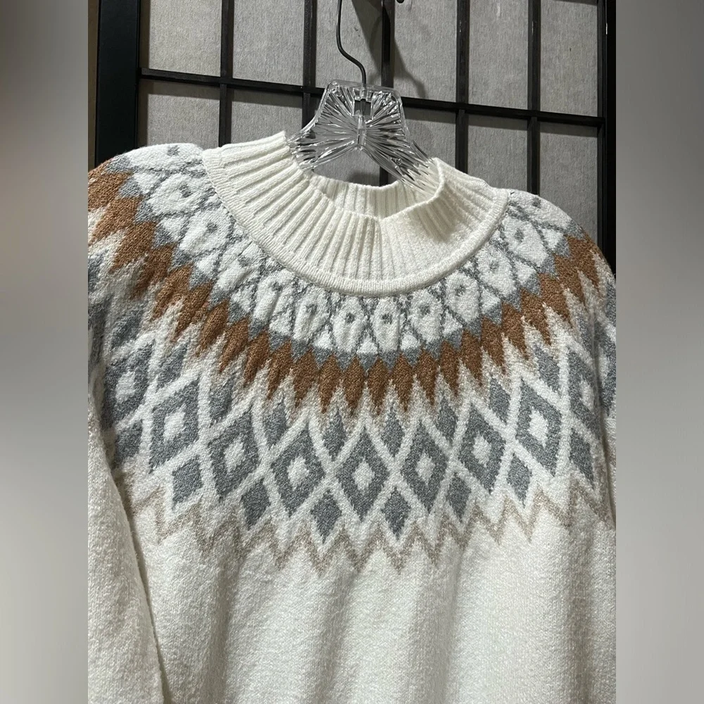 NORT POLE Cream Nordic Yoke Sweater with Gray & Tan Diamond Pattern WOMEN SZ XL